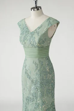 Verde V-Neck Sereia Appliques Sequins Cap Mangas Vestido de baile