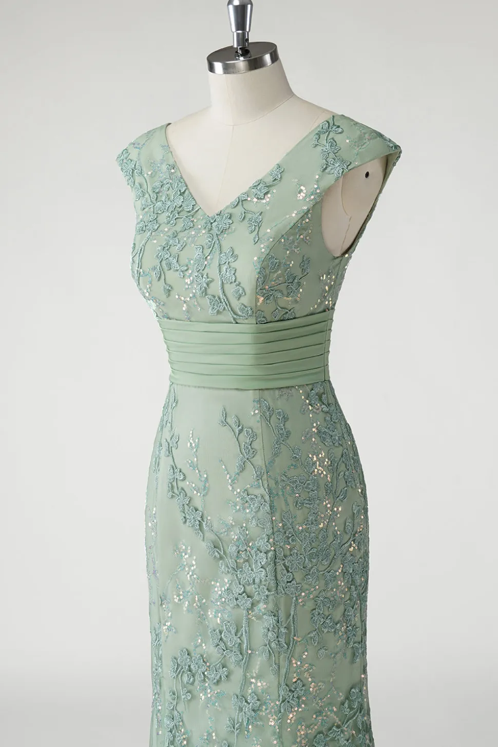 Verde V-Neck Sereia Appliques Sequins Cap Mangas Vestido de baile