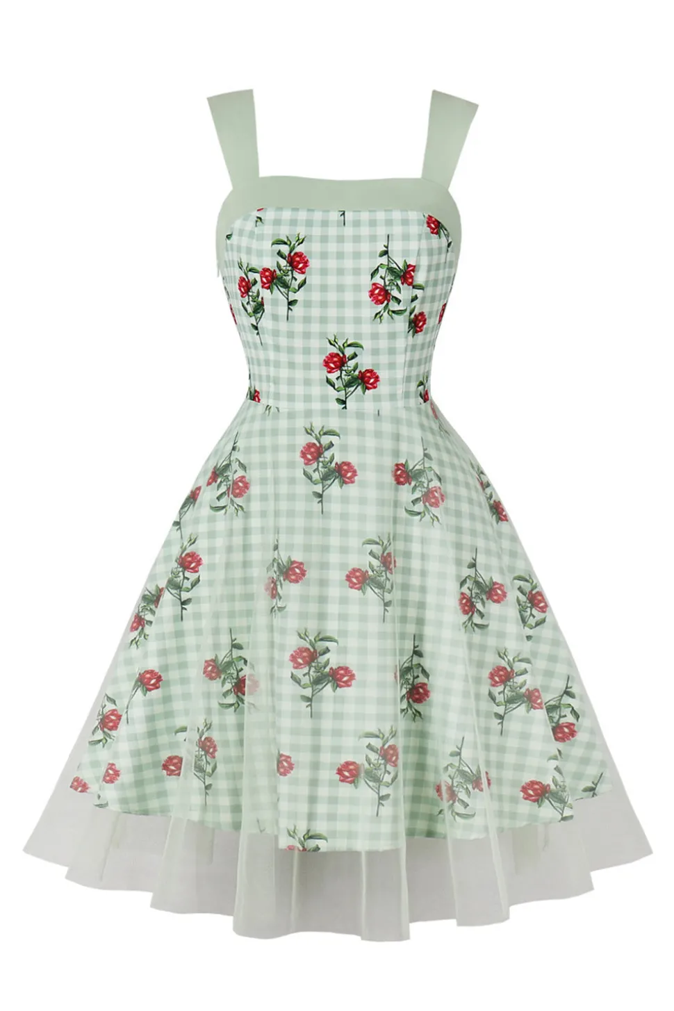 Verde Xadrez 1950s Vestido Com Estampado Floral