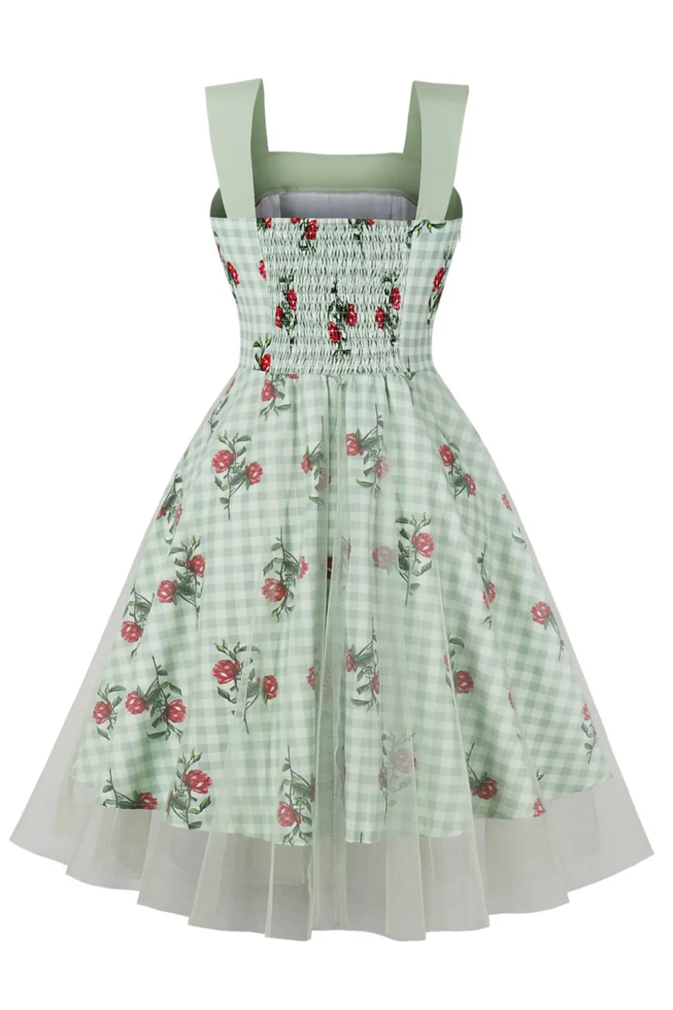 Verde Xadrez 1950s Vestido Com Estampado Floral