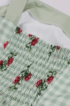 Verde Xadrez 1950s Vestido Com Estampado Floral