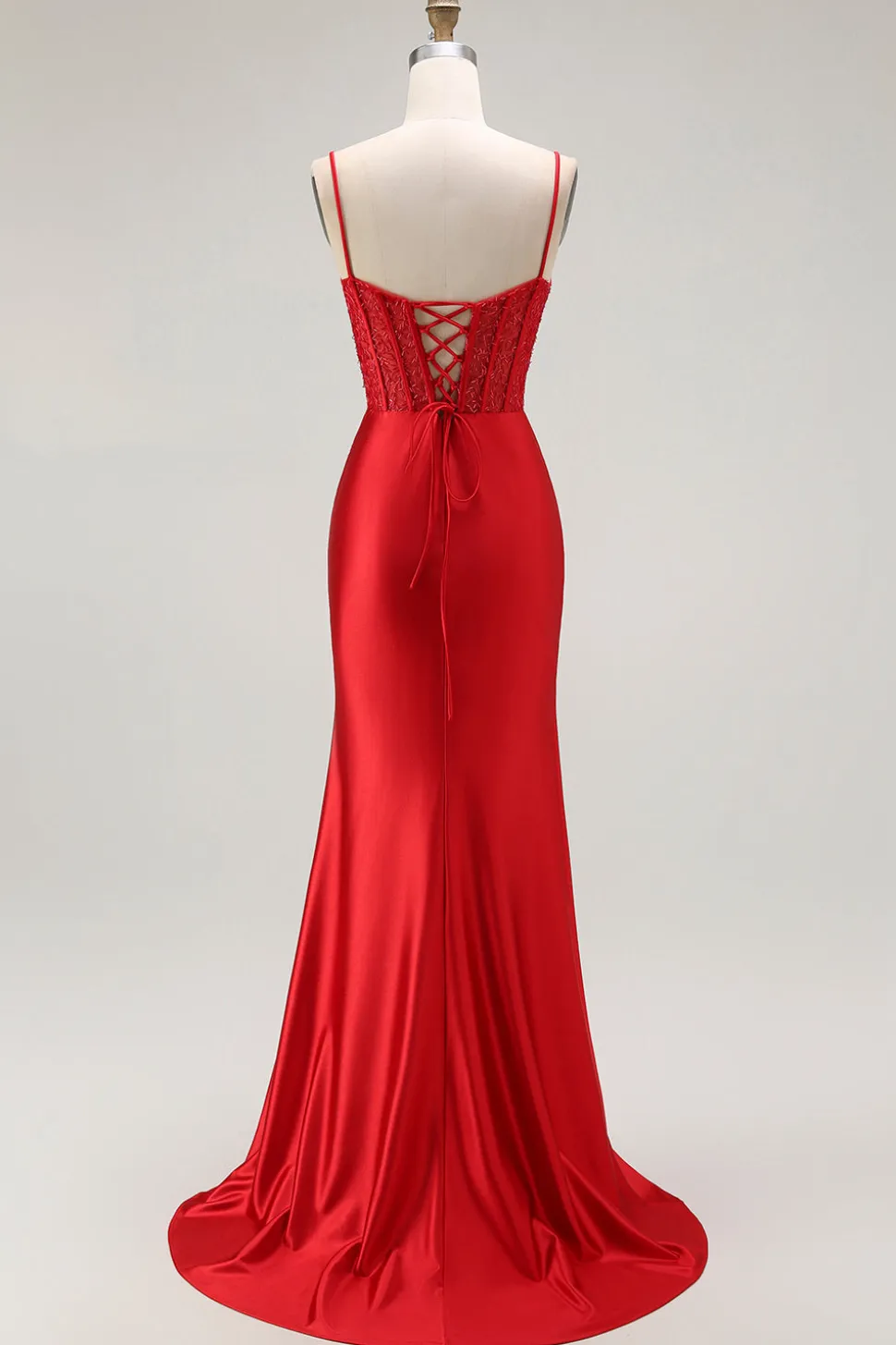 Vermelha Sereia Cetim Espartilho Longos Vestido de Baile com Fenda