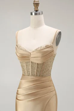 Vermelha Sereia Cetim Espartilho Longos Vestido de Baile com Fenda