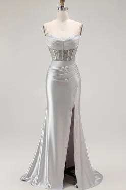 Vermelha Sereia Cetim Espartilho Longos Vestido de Baile com Fenda
