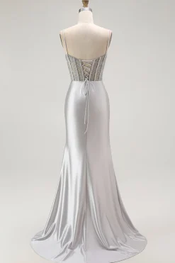 Vermelha Sereia Cetim Espartilho Longos Vestido de Baile com Fenda