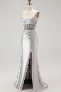 Vermelha Sereia Cetim Espartilho Longos Vestido de Baile com Fenda