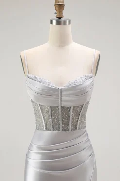 Vermelha Sereia Cetim Espartilho Longos Vestido de Baile com Fenda