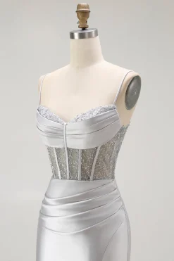 Vermelha Sereia Cetim Espartilho Longos Vestido de Baile com Fenda