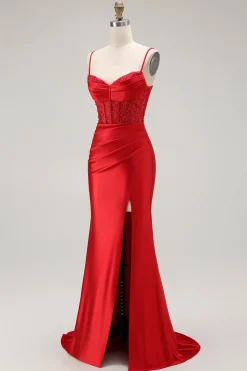 Vermelha Sereia Cetim Espartilho Longos Vestido de Baile com Fenda