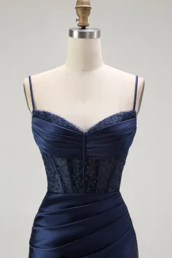 Vermelha Sereia Cetim Espartilho Longos Vestido de Baile com Fenda