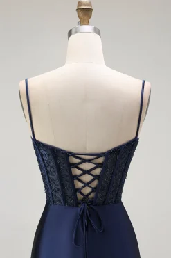 Vermelha Sereia Cetim Espartilho Longos Vestido de Baile com Fenda