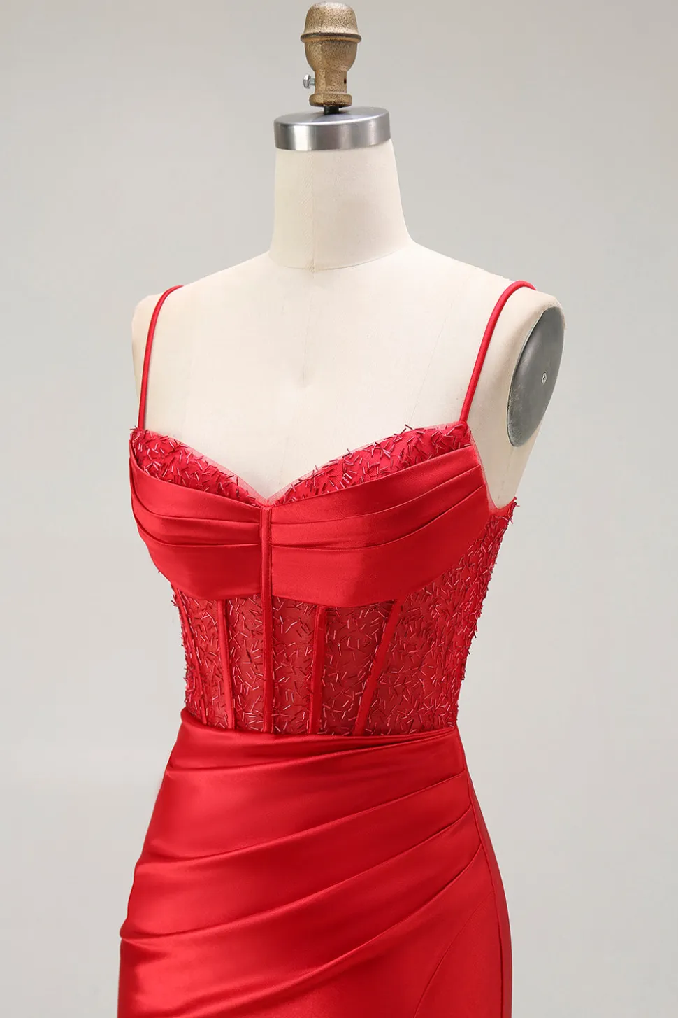 Vermelha Sereia Cetim Espartilho Longos Vestido de Baile com Fenda