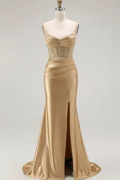 Vermelha Sereia Cetim Espartilho Longos Vestido de Baile com Fenda
