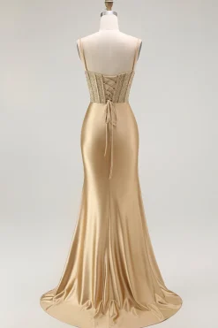 Vermelha Sereia Cetim Espartilho Longos Vestido de Baile com Fenda
