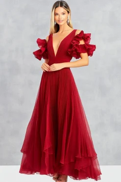Vermelho A Line Cold Shoulder plissado longo vestido formal