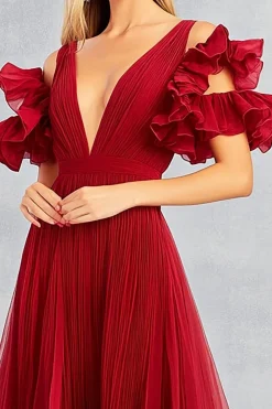 Vermelho A Line Cold Shoulder plissado longo vestido formal