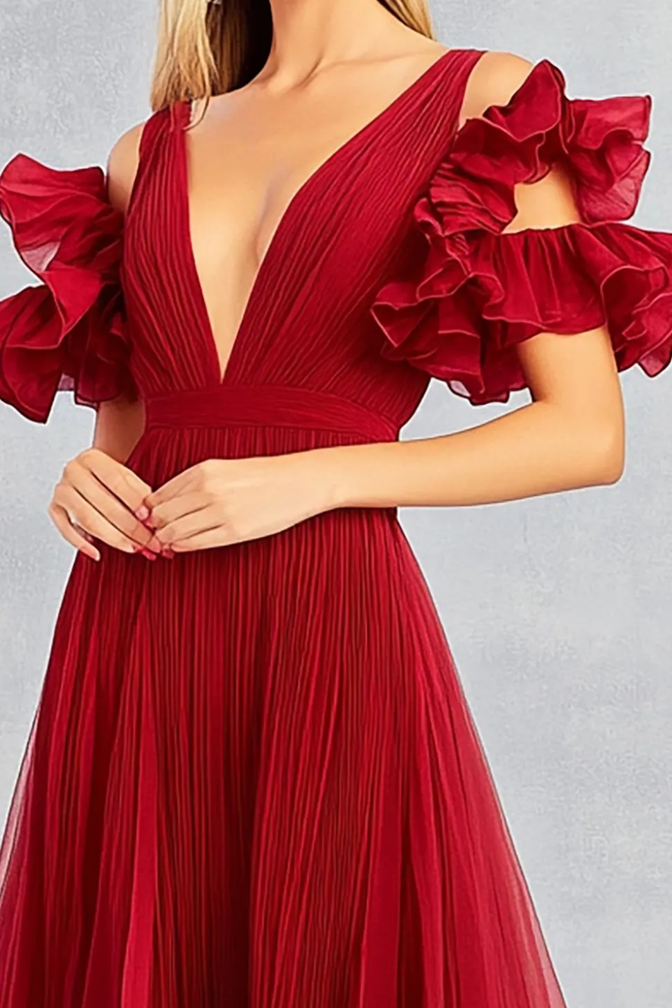 Vermelho A Line Cold Shoulder plissado longo vestido formal
