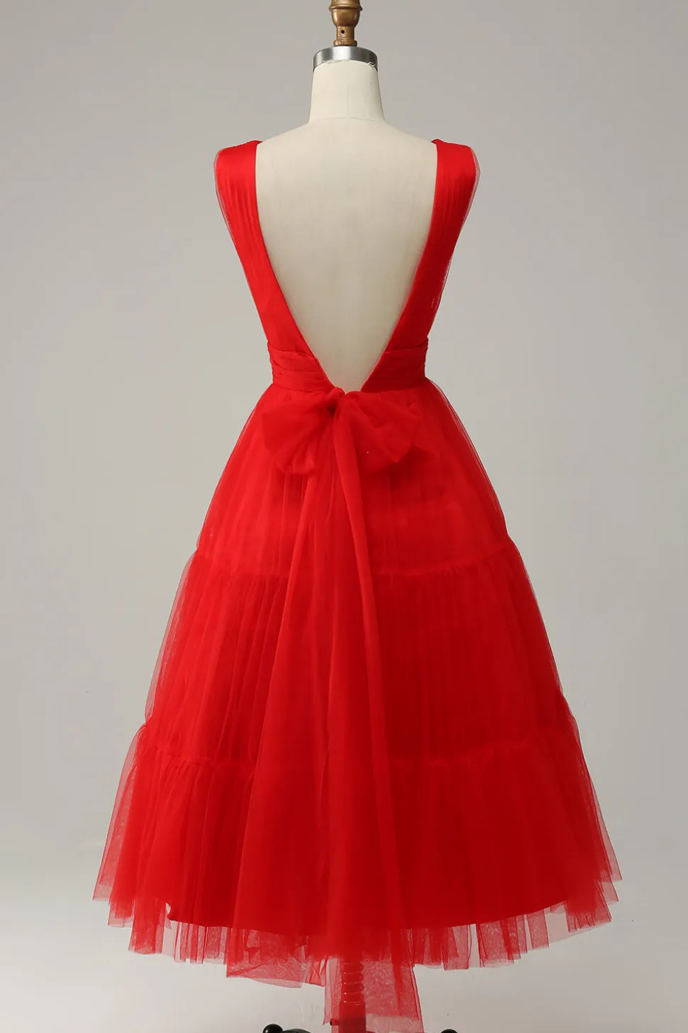 Vermelho A Line Midi Vestido de Festa com Costa Aberta