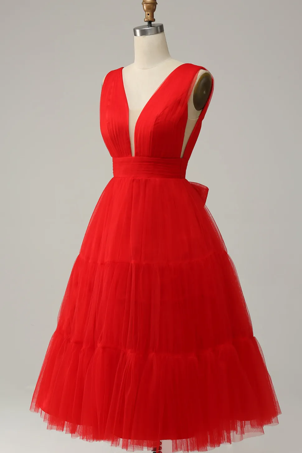 Vermelho A Line Midi Vestido de Festa com Costa Aberta