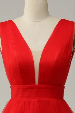 Vermelho A Line Midi Vestido de Festa com Costa Aberta