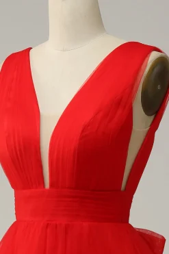 Vermelho A Line Midi Vestido de Festa com Costa Aberta