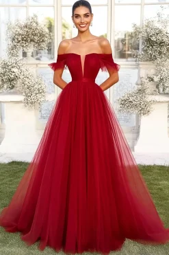 Vermelho A-Line fora do ombro tule vestido de baile