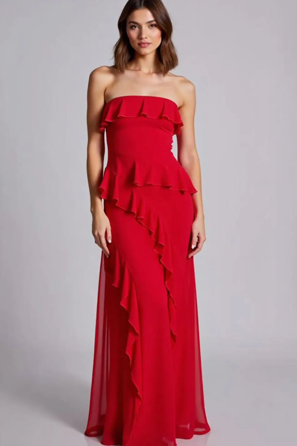 Vermelho Babado Sem Alças Bainha Chiffon Longo Vestidos Cerimónia