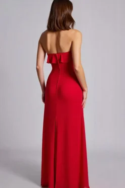 Vermelho Babado Sem Alças Bainha Chiffon Longo Vestidos Cerimónia