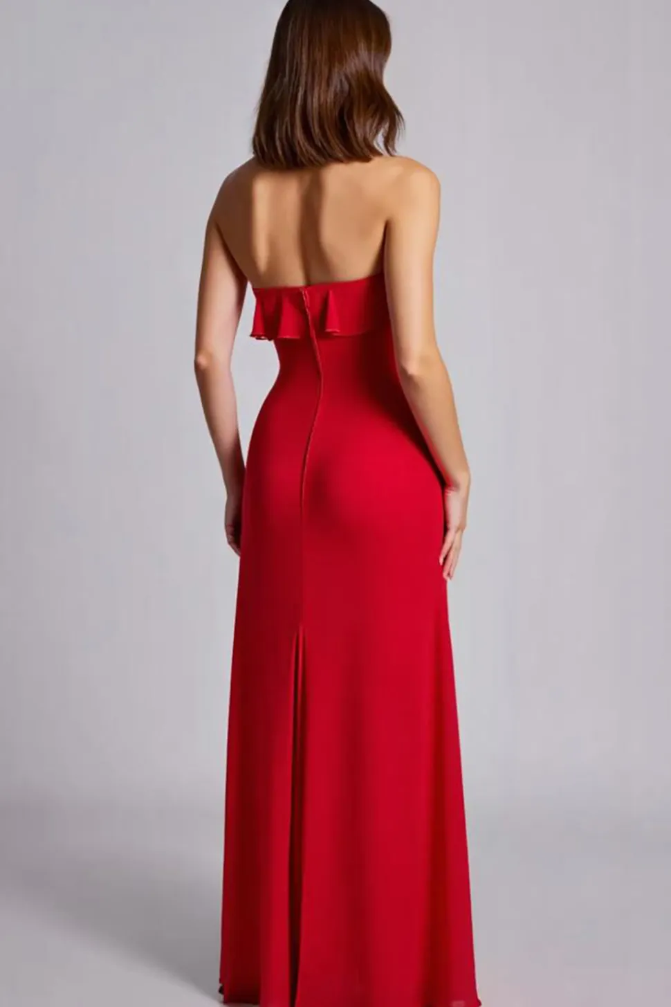 Vermelho Babado Sem Alças Bainha Chiffon Longo Vestidos Cerimónia