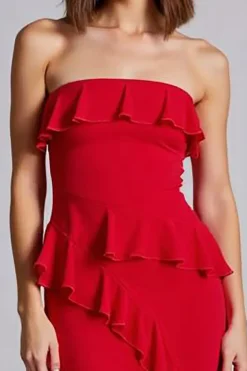 Vermelho Babado Sem Alças Bainha Chiffon Longo Vestidos Cerimónia