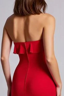 Vermelho Babado Sem Alças Bainha Chiffon Longo Vestidos Cerimónia