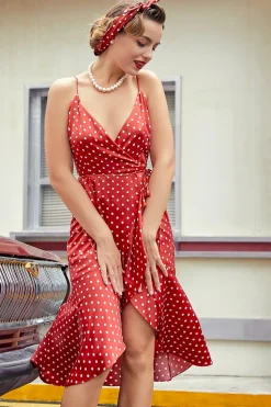 Vermelho Bolinhas Brancas Vestido Assimétrico