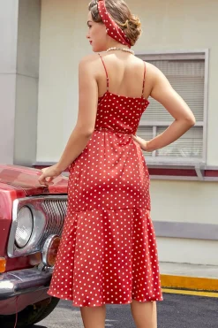 Vermelho Bolinhas Brancas Vestido Assimétrico