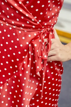 Vermelho Bolinhas Brancas Vestido Assimétrico