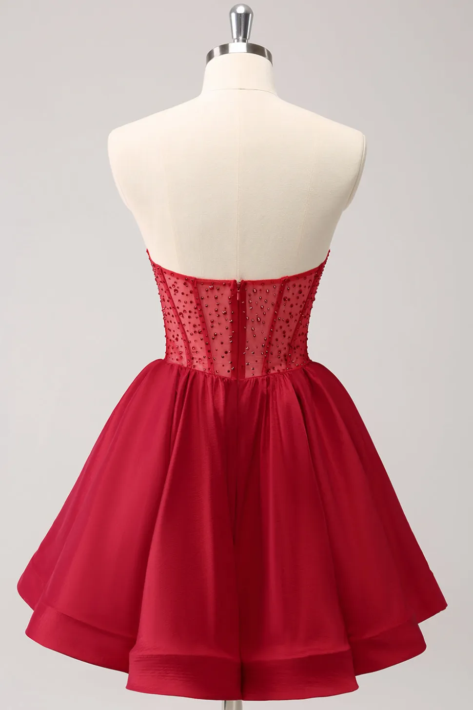Vermelho bonito A Line Strapless Ruffle Short Homecoming Dress com Missangas