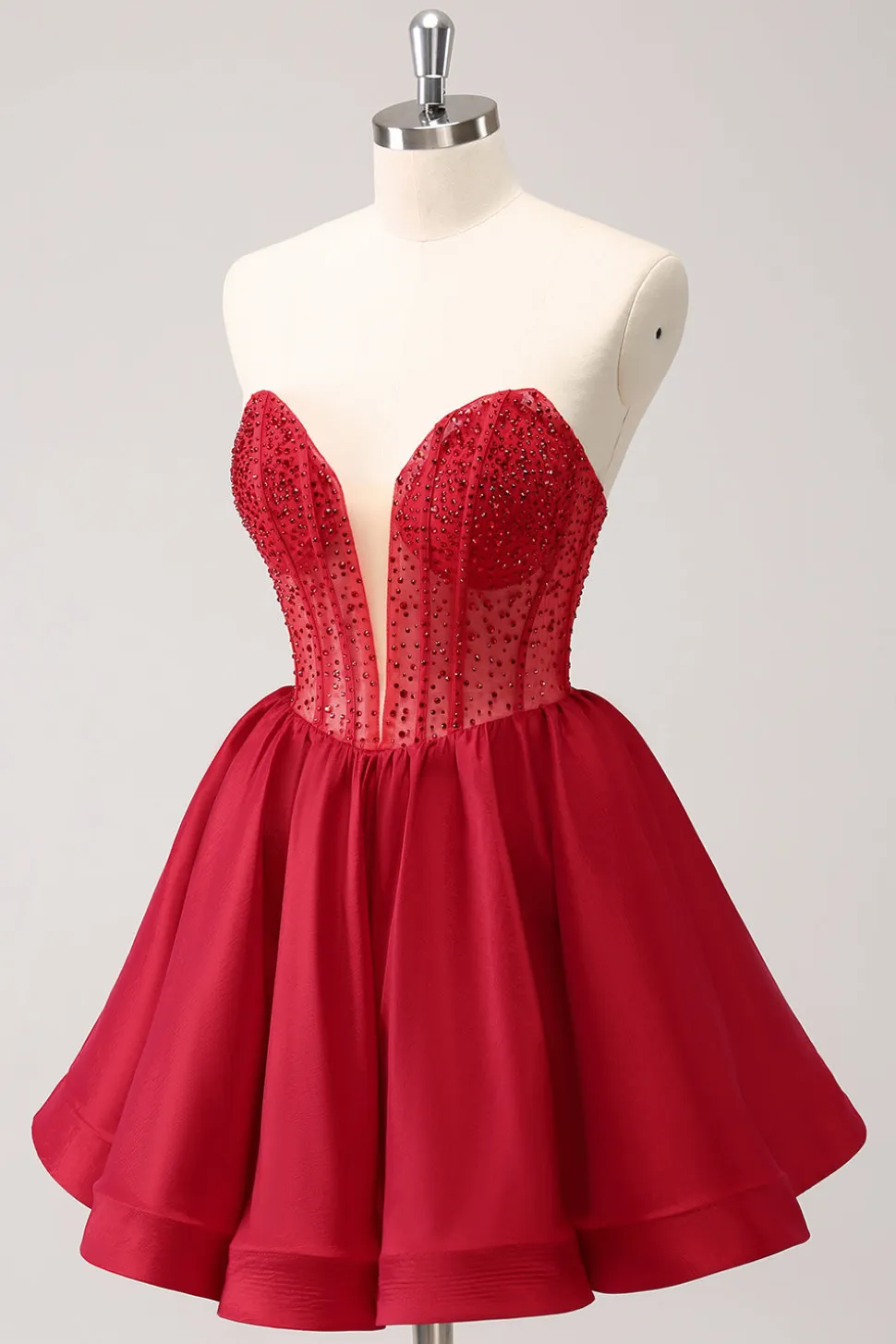 Vermelho bonito A Line Strapless Ruffle Short Homecoming Dress com Missangas