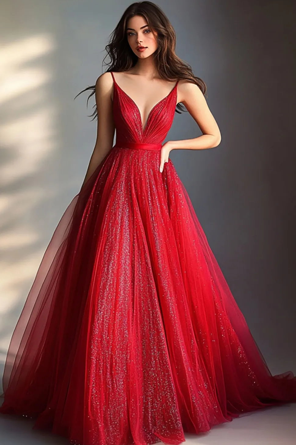 Vermelho brilhante Uma linha espaguete alças longo vestido de baile com lantejoulas
