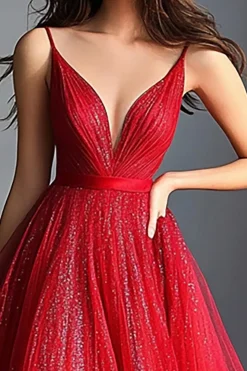 Vermelho brilhante Uma linha espaguete alças longo vestido de baile com lantejoulas