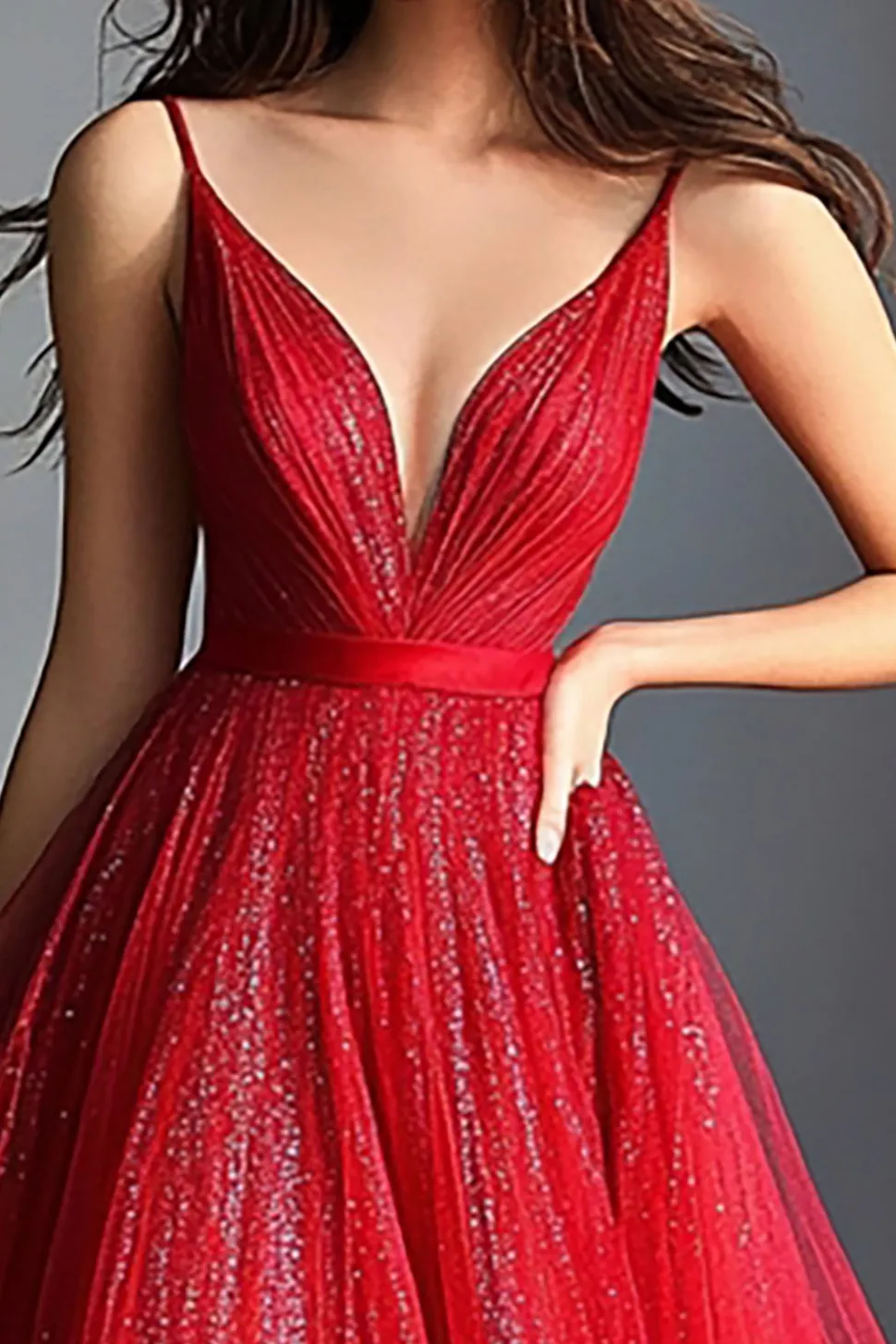 Vermelho brilhante Uma linha espaguete alças longo vestido de baile com lantejoulas