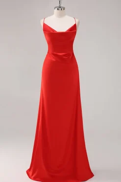 Vermelho Cetim Alças Finas Bainha Longo Vestidos Cerimónia