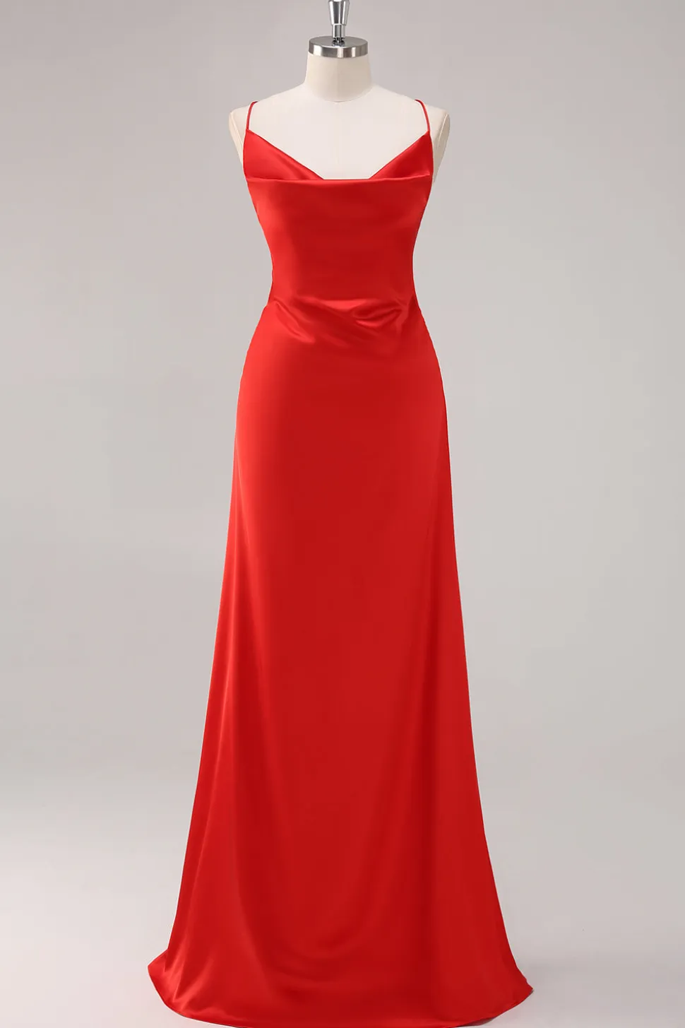 Vermelho Cetim Alças Finas Bainha Longo Vestidos Cerimónia