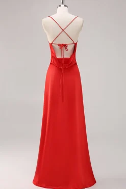 Vermelho Cetim Alças Finas Bainha Longo Vestidos Cerimónia