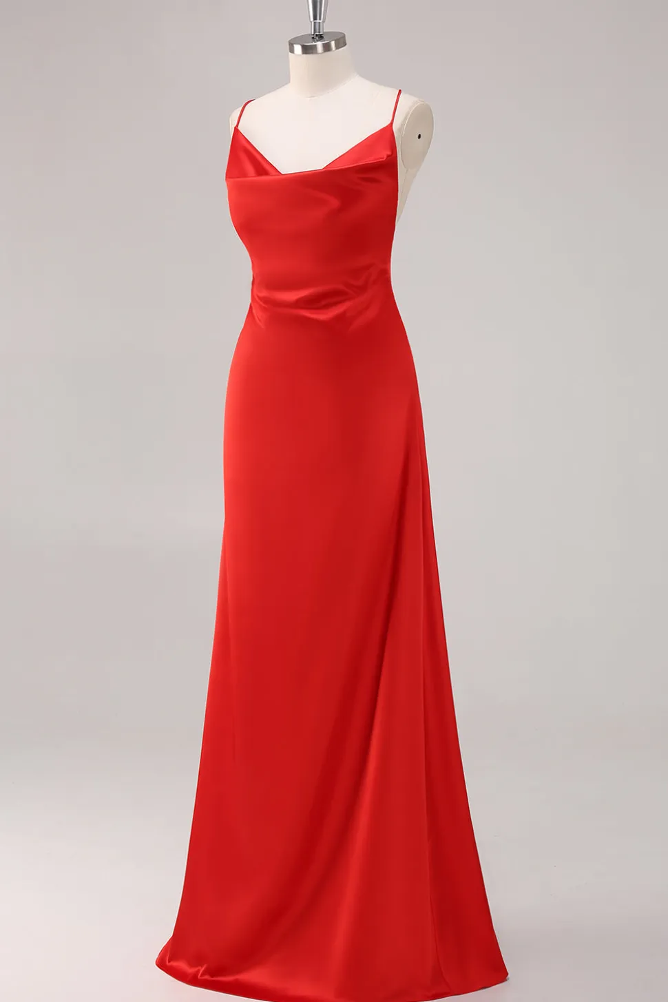 Vermelho Cetim Alças Finas Bainha Longo Vestidos Cerimónia