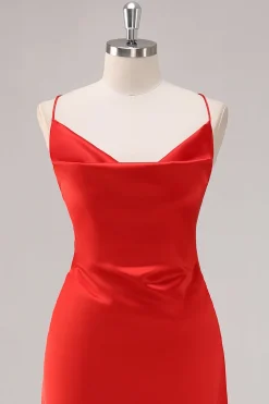 Vermelho Cetim Alças Finas Bainha Longo Vestidos Cerimónia