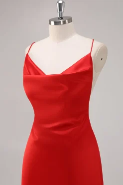 Vermelho Cetim Alças Finas Bainha Longo Vestidos Cerimónia