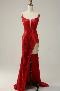 Vermelho Cintas de Espaguete Vestido de Festa