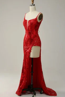 Vermelho Cintas de Espaguete Vestido de Festa