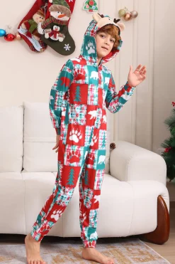 Vermelho e Verde Colorblock Natal Hooded Família Pijama set