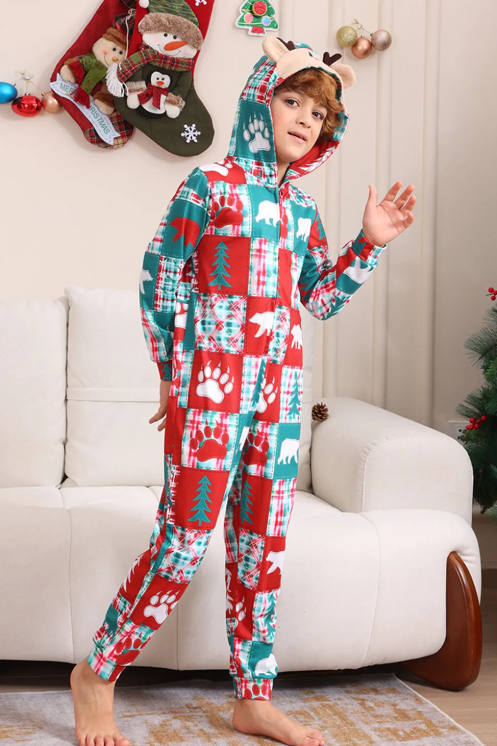 Vermelho e Verde Colorblock Natal Hooded Família Pijama set