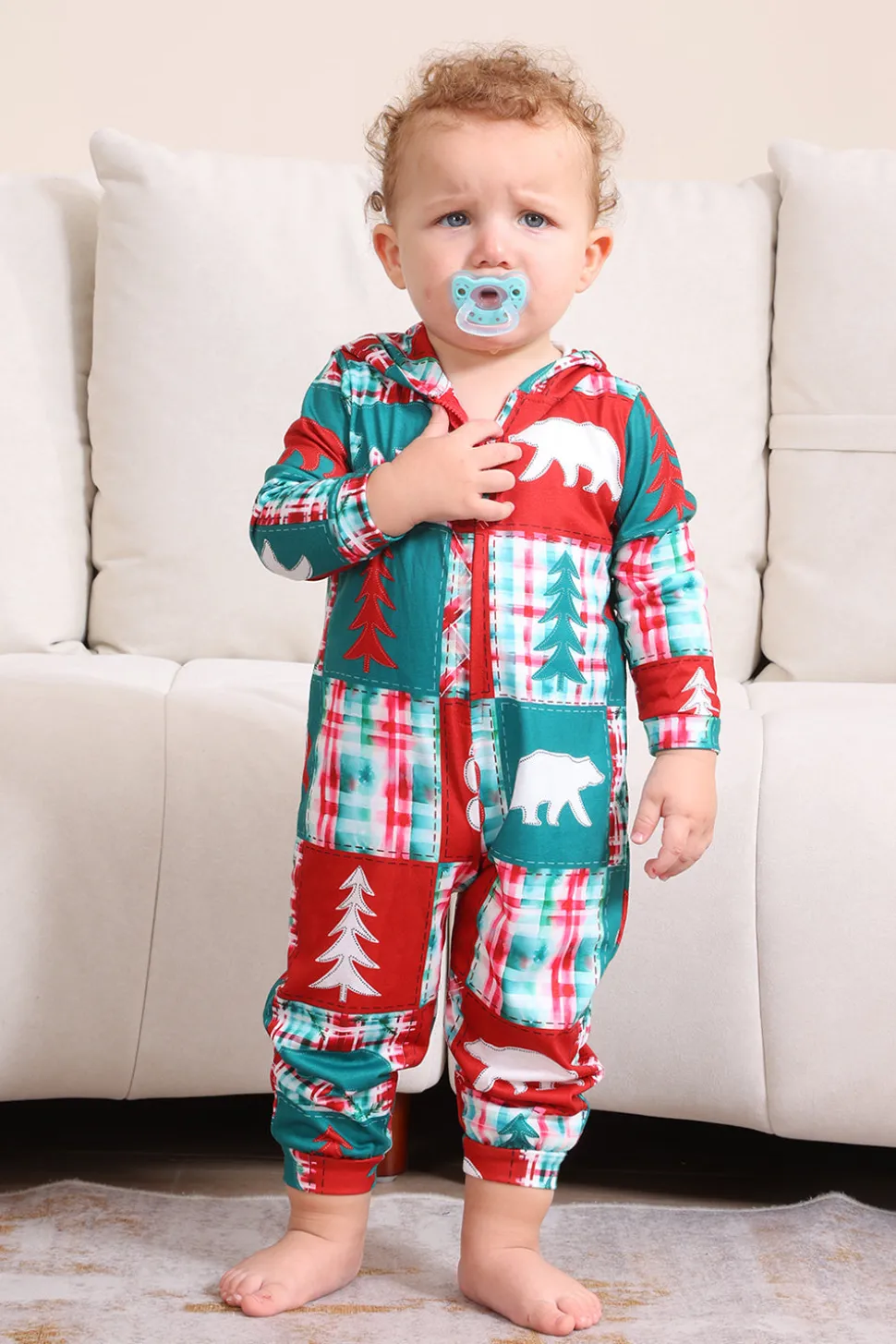 Vermelho e Verde Colorblock Natal Hooded Família Pijama set